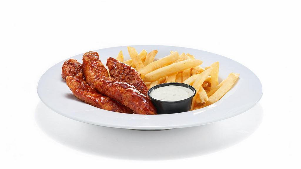 Boneless Bbq Crispy Chicken Strips & Fries · Five buttermilk crispy chicken breast strips made with all-natural chicken & tossed in tangy BBQ sauce. Served with French fries & choice of sauce.