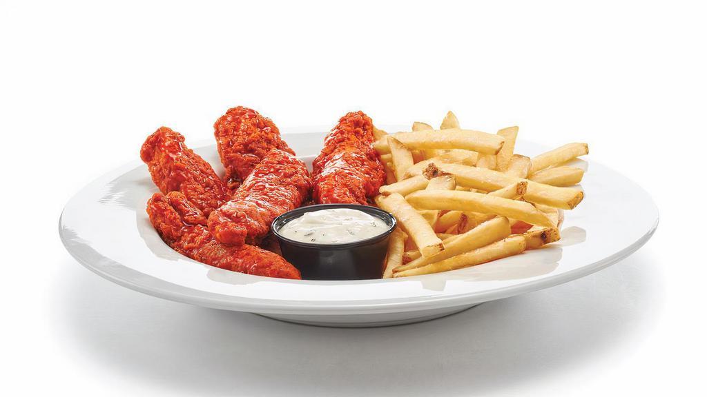 Buffalo Crispy Chicken Strips & Fries · Five buttermilk crispy chicken strips made with all-natural chicken & tossed in Frank's RedHot® Buffalo sauce. Served with French fries & choice of sauce.