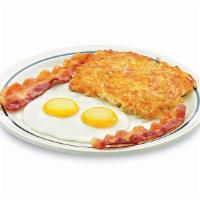 55+ Rise 'N Shine · Two eggs* your way, hash browns, 2 bacon strips or 2 pork sausage links & toast.