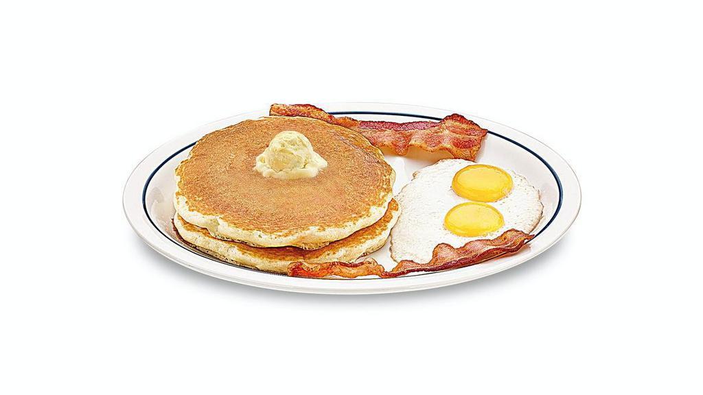 55+ 2 X 2 X 2 · Two buttermilk pancakes, 2 eggs* your way & 2 bacon strips or 2 pork sausage links.
