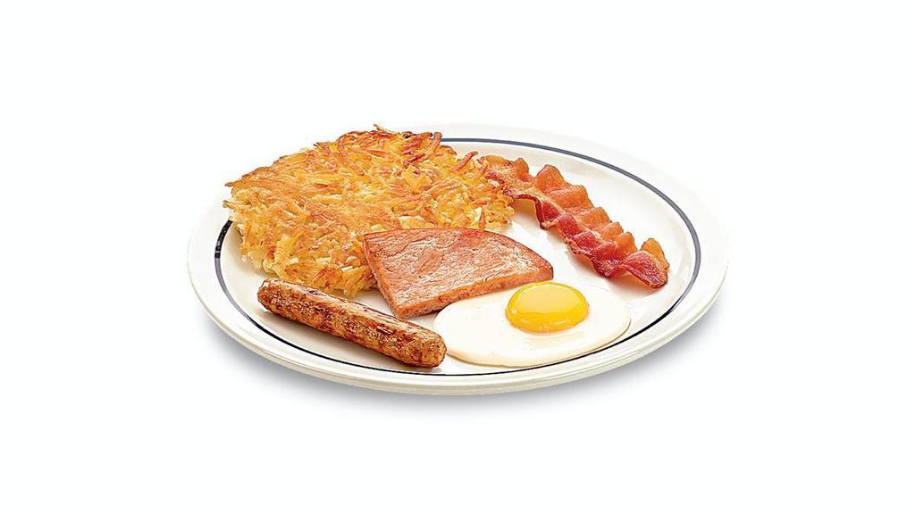 55+ Breakfast Sampler · One egg* your way, 1 bacon strip, 1 pork sausage link, 1 thick-cut piece of ham, hash browns & 1 buttermilk pancake.