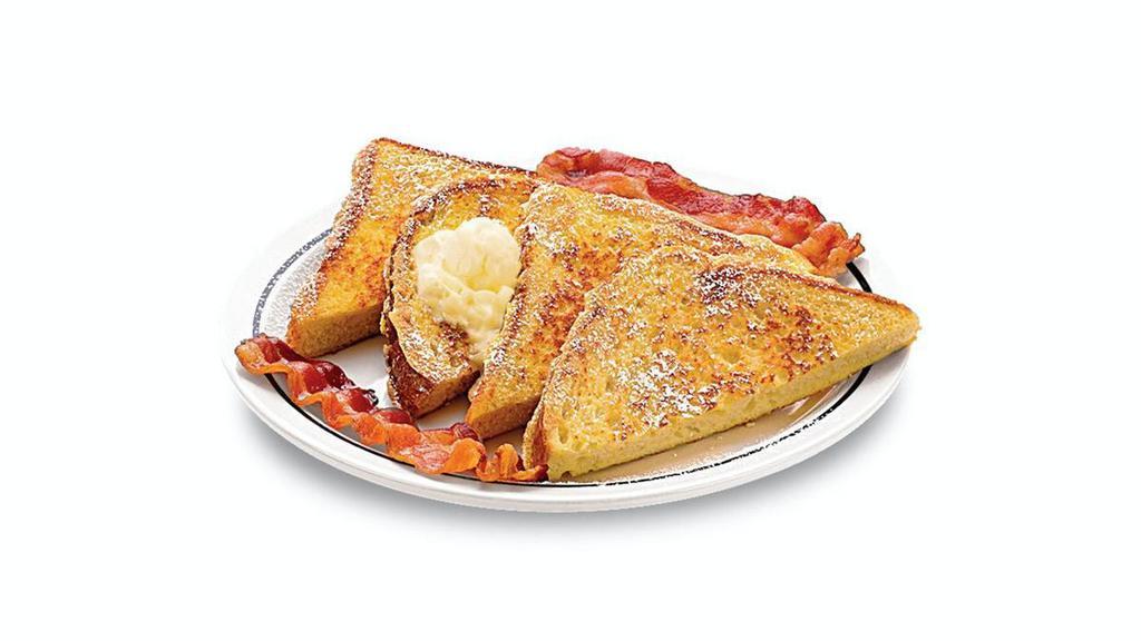 55+ French Toast · Four triangles served with 2 bacon strips or 2 pork sausage links.