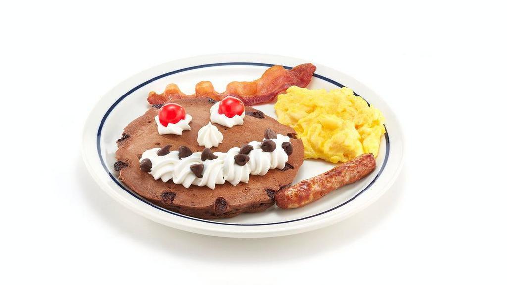 Funny Face® Pancake Combo  · A chocolate chip pancake topped with whipped topping & chocolate chip smile and maraschino cherry eyes. Served with 1 scrambled egg, 1 custom-cured hickory-smoked bacon strip & 1 pork sausage link.