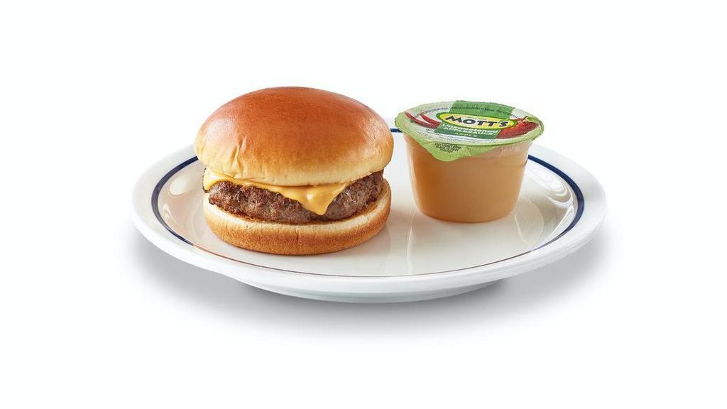 Cheeseburger · All-Natural 100% USDA Choice Black Angus Beef burger with Motts® Applesauce.