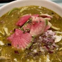 Pozole Verde · Tomatillo stew with locally sourced chicken, bacon, serrano, cilantro and hominy topped with...