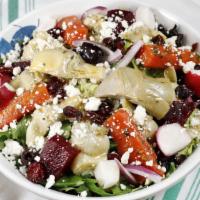Artichoke Salad · Vegetarian. Romaine heart, baby greens, pickled artichoke hearts, olives, radish, red onion,...
