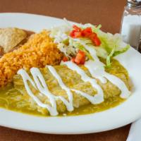 3 Green Enchiladas · Comes with rice and beans or red enchilada.