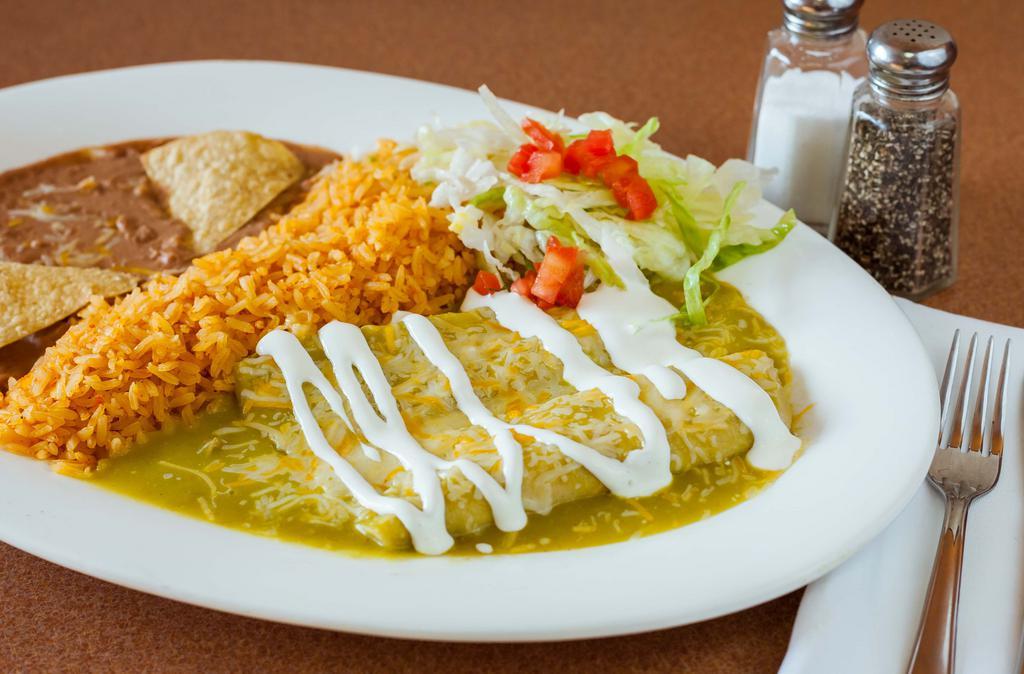 3 Green Enchiladas · Comes with rice and beans or red enchilada.