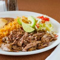Carnitas Platter · Comes with rice and beans. Tender pork served with rice, refried beans, lettuce, cheese, pic...