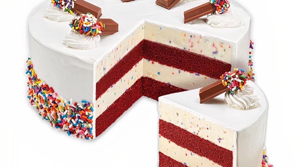 Cake Batter Confetti™ - Ready For Pick Up Now · Layers of moist Red Velvet Cake and Cake Batter Ice Cream® with Rainbow Sprinkles wrapped in fluffy White Frosting