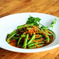 Masala Coconut Green Beans · Spice roasted green beans, coconut curry leaves glaze