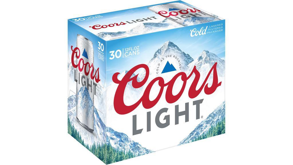 Coors Light Can (12 Oz X 30 Ct) · Coors Light is a natural light lager beer that delivers Rocky Mountain cold refreshment with 4.2% ABV. Light calorie beer at 102 calories and 5g of carbs per 12 fluid ounces.
