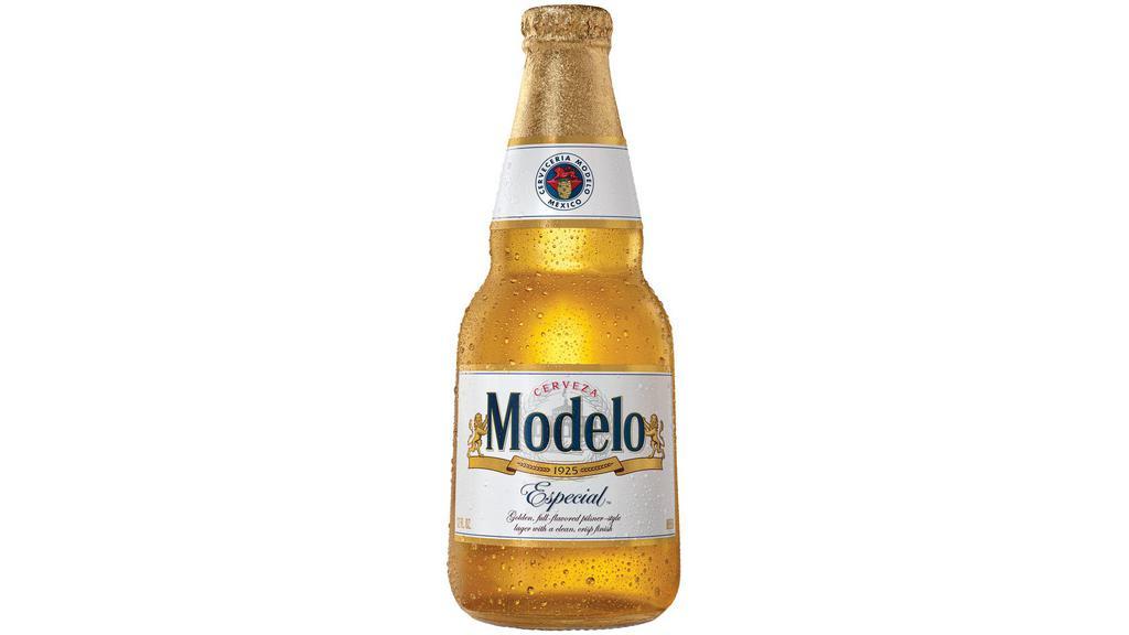 Modelo Especial Mexican Lager Bottle (12 Oz X 6 Ct) · A model of what good beer should be, Modelo Especial Mexican Beer is a rich, full-flavored pilsner beer. This lager beer's golden hue is complemented by its smooth notes of orange blossom honey and hint of herb. A light-hop character, tantalizing sweetness, and a crisp, clean finish make this easy-drinking beer perfect for enjoying at your next barbecue or sharing with friends while watching the game. This imported beer 6 pack also is an ideal tailgating beer. Pair this 143-calorie*, easy-drinking beer in 12 oz beer bottles with Mexican dishes, pizza, or seafood for a perfect match. Made with barley malt and unmalted cereals and hops for a balanced flavor, this cerveza is brewed with the fighting spirit. *Per 12 fl. oz. serving of average analysis: Calories 143, Carbs 13.6 grams, Protein 1.1 grams, Fat 0 grams. Drink responsibly. Modelo Especial¬Æ Beer. Imported by Crown Imports, Chicago, IL