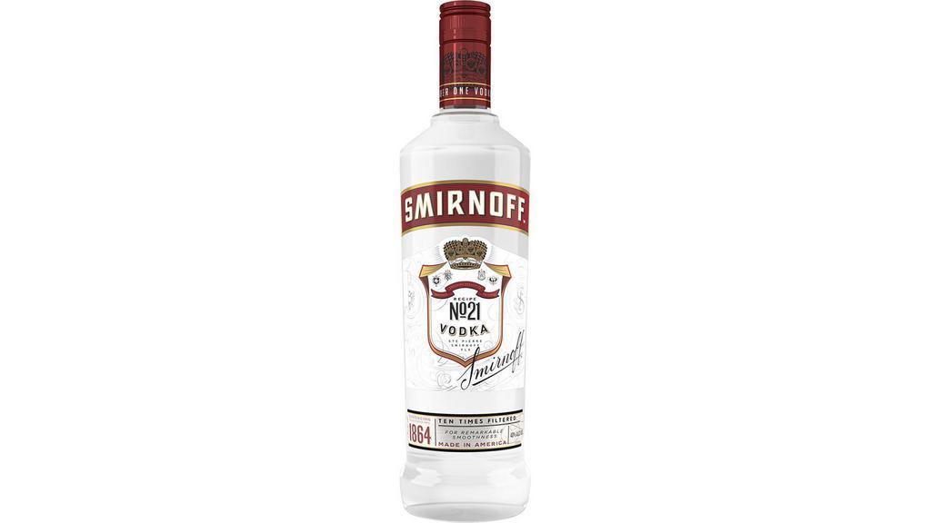 Smirnoff Vodka,  750Ml · Smirnoff No. 21 Vodka is the World's No. 1 Vodka. Our award-winning vodka has robust flavor with a dry finish for ultimate smoothness and clarity. Triple distilled and 10 times filtered, our vodka is perfect on the rocks or in your favorite cocktail. Smirnoff No. 21 is Kosher Certified and gluten free.