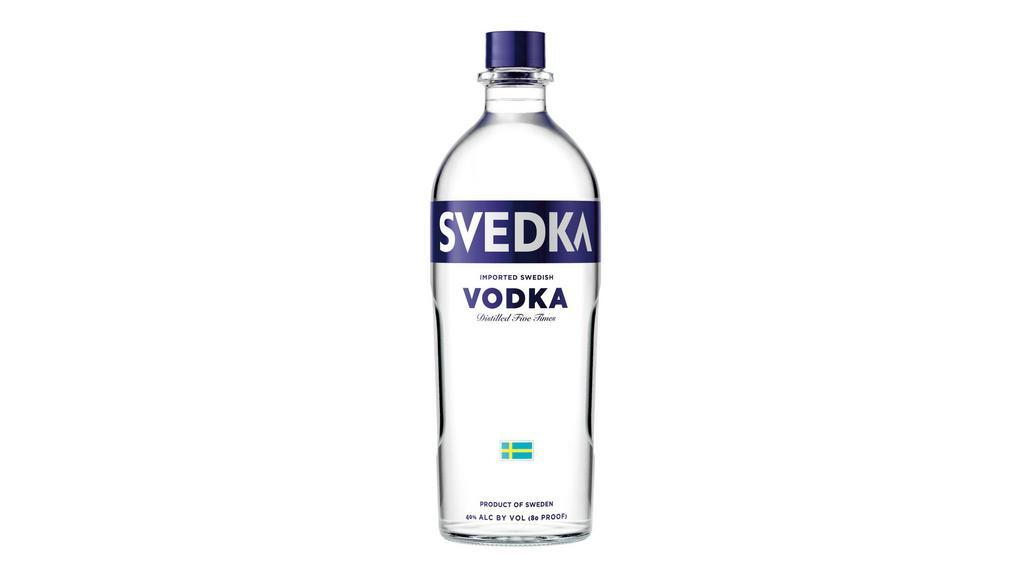 Svedka Vodka (1.75 L) · SVEDKA Vodka is a smooth and easy-drinking vodka infused with a subtle, rounded sweetness, making it an ideal addition to countless vodka cocktails. Made with the finest spring water and winter wheat, this unflavored vodka is distilled five times to remove impurities. The result is a clean, clear taste with a balanced body and a crisp finish, making this 80 proof vodka a bold, crowd-pleasing choice. Mix this 80 proof vodka into cosmopolitans or vodka martinis, or chill this 750 mL bottle of distilled vodka for enjoying in a vodka on the rocks, savoring the crisp finish. BRING YOUR OWN SPIRIT.¬Æ ENJOY RESPONSIBLY. Svedka¬Æ ¬©2021 Spirits Marque One, San Francisco, CA Vodka distilled from grain 40% alc/vol