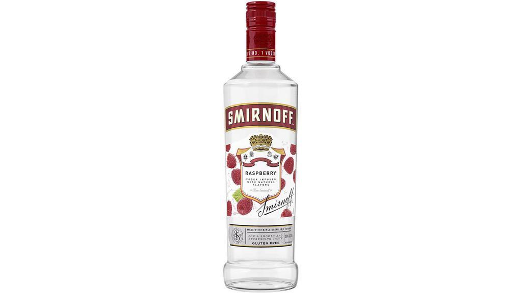 Smirnoff Raspberry (750 ml) · Smirnoff Raspberry is rich and robust. This spirit is infused with natural raspberry flavor for a tart and fruity finish. Pairs best with soda water, lemonade, or cranberry juice. Smirnoff Raspberry is Kosher Certified and gluten free.