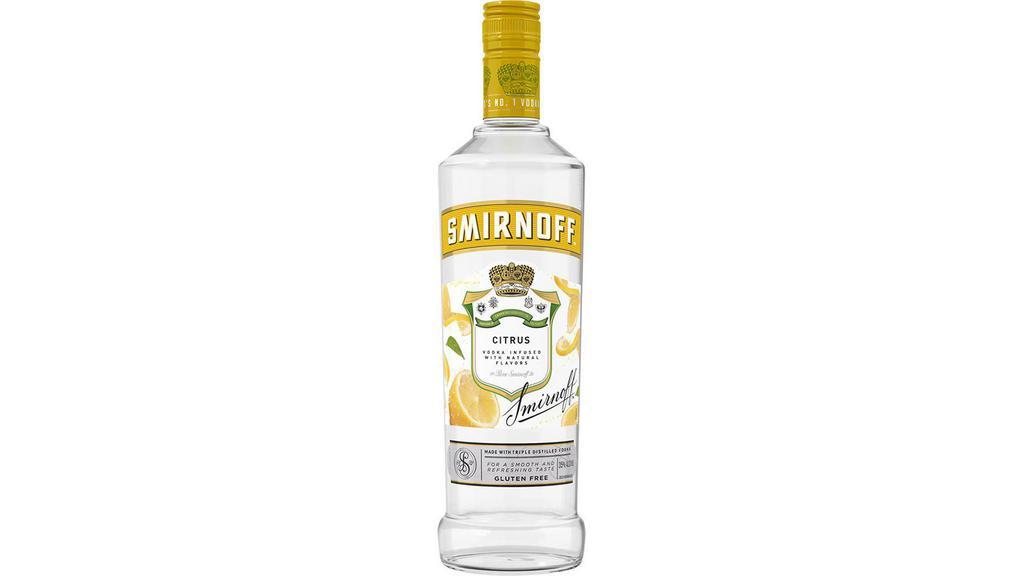 Smirnoff Citrus (750 ml) · Smirnoff Citrus is infused with a natural citrus flavor for a crisp and refreshing taste. Pair it with soda water, cranberry juice or orange juice for an easy cocktail option. To elevate, add into a martini for variation of a lemon drop. Smirnoff Citrus is Kosher Certified and gluten free.