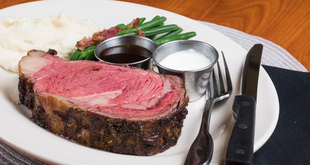 Prime Rib - 1 Pound Cut · Seasoned, seared, and roasted to perfection. Choice of fresh or creamy horseradish sauce.