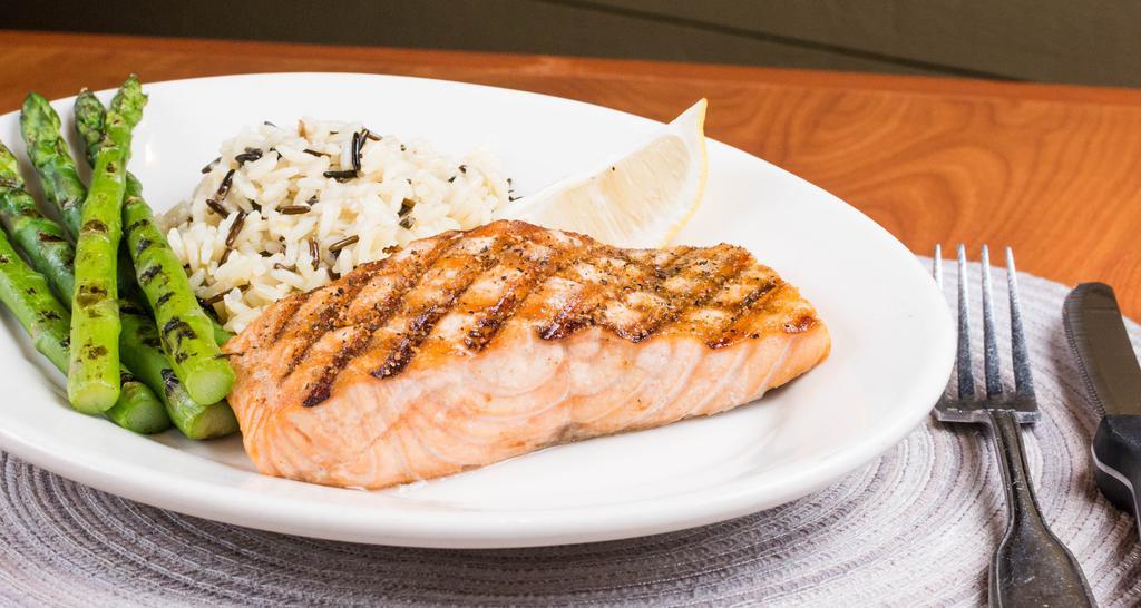 Grilled Fresh Salmon · Signature item. 8oz filet of fresh salmon, hand-cut, simply seasoned and grilled over an open flame.