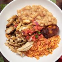 2. Organic Charbroiled Chicken Bowl · Served with Spanish  rice, Peruvian beans, pico de gallo, and maduros. chips and salsas on t...