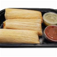 Chicken Tamales, 3 ct. · Shredded chicken, verde sauce, masa. Note: this item requires 10-12 min in oven or 2-4 min i...
