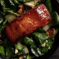 Miso Glazed Salmon · Grilled salmon, Asian mushrooms, spinach, cabbage, garlic-ginger aromatics, miso glaze