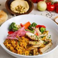 Chicken Rice Bowl (gluten-free) · Grilled marinated chicken served with chickpea, tomato herbed rice, roasted spring vegetable...