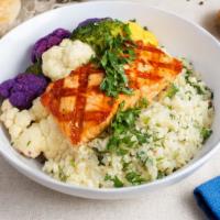 Keto Salmon Bowl · Start burning your fats with this keto cauliflower rice bowl, grilled salmon, roasted vegeta...
