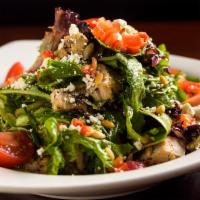 Monterey Chicken Salad · Micro organic greens, grilled marinated chicken breast, campari tomatoes, toasted pinenuts, ...