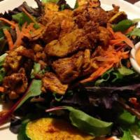 El Cerrito Salad · Baby green mix served with roasted marinated yellow squash, zucchini, diced grilled chicken ...