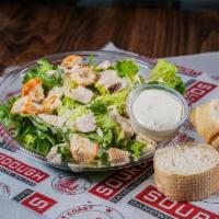 Grilled Chicken Caesar Salad · Chopped Romaine topped with Shaved Parmesan, Grilled Chicken, house-made Sourdough Croutons ...