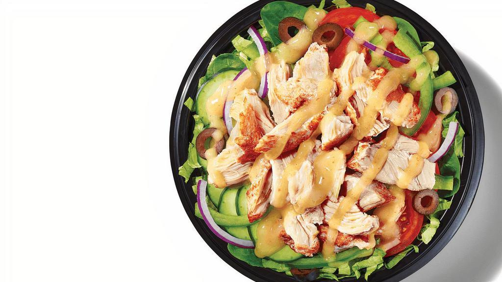 Honey Mustard Rotisserie-Style Chicken  (270 Cals) · Even a salad can be extra. So, we’re giving you DOUBLE the Rotisserie-Style Chicken, on a bowl of crisp veggies, and topping it all with Honey Mustard.