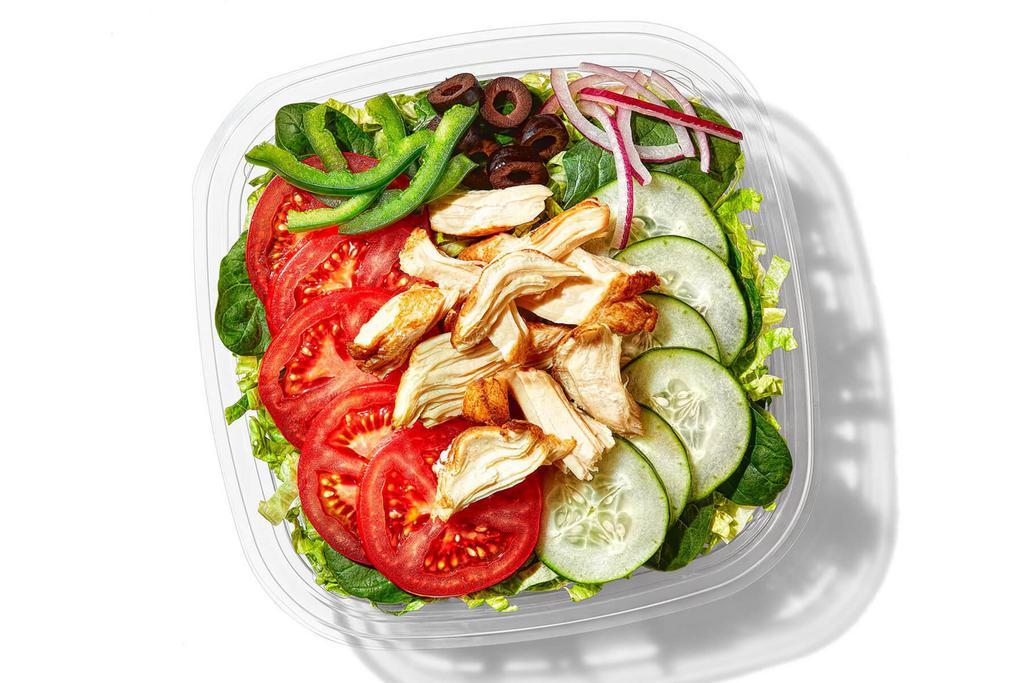 Rotisserie-Style Chicken (140 Cals) · Juicy rotisserie-style chicken is mixed with fresh lettuce, baby spinach, tomatoes, cucumbers and other veggies of your choosing. We’ll even let you choose your dressing. We’re good like that.