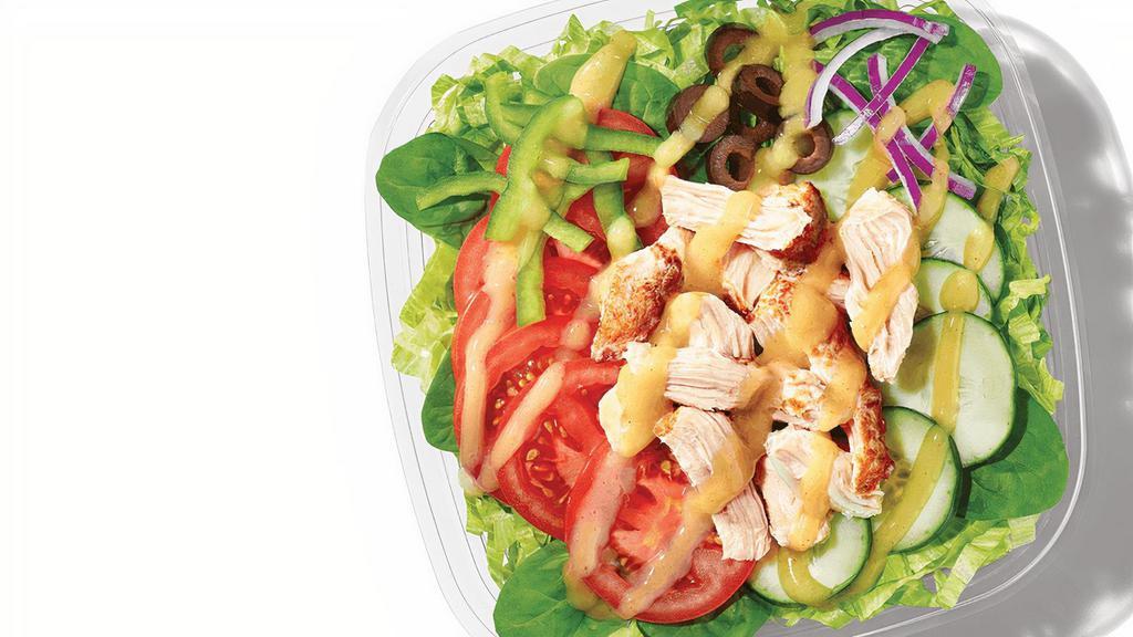 Honey Mustard Rotisserie-Style Chicken (190 Cals) · Rotisserie-Style Chicken, piled on crisp veggies and topped with Honey Mustard. It’s official: you can be excited for salads again.