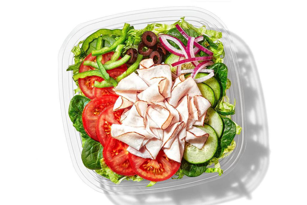 Oven Roasted Turkey  (110 Cals) · The Oven Roasted Turkey Salad is a go-to salad choice. Our premium, thin-sliced oven roasted turkey, tossed together with lettuce, crunchy veggies and whatever dressing does it for you. Simply the best.