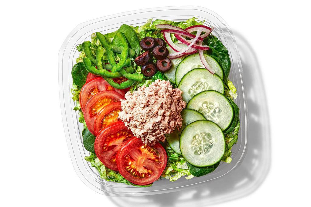 Tuna (310 Cals) · Our Tuna salad is simply delish. 100% wild caught tuna mixed with mayo, riding high on top of a bed of crisp lettuce and veggies. Classic for a reason.