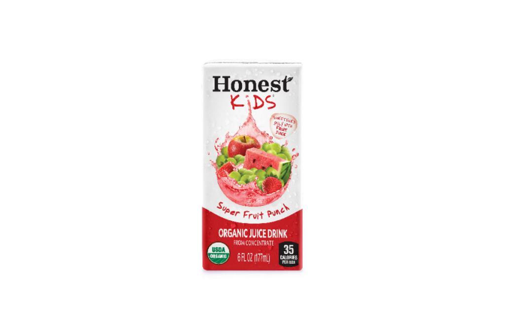 Honest Kids® Super Fruit Punch (35 Cals) · Grape, strawberry, apple, watermelon juices and other ingredients unite to truly pack a punch.. USDA organic certified. Sweetened only with fruit juice. No added sugar. No artificial sweeteners. No high fructose corn syrup. Gluten free. No GMOs.