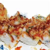 20. Crunch · Shrimp Tempura, Cucumber topped with Tempura Flakes, Tobiko & Sauce