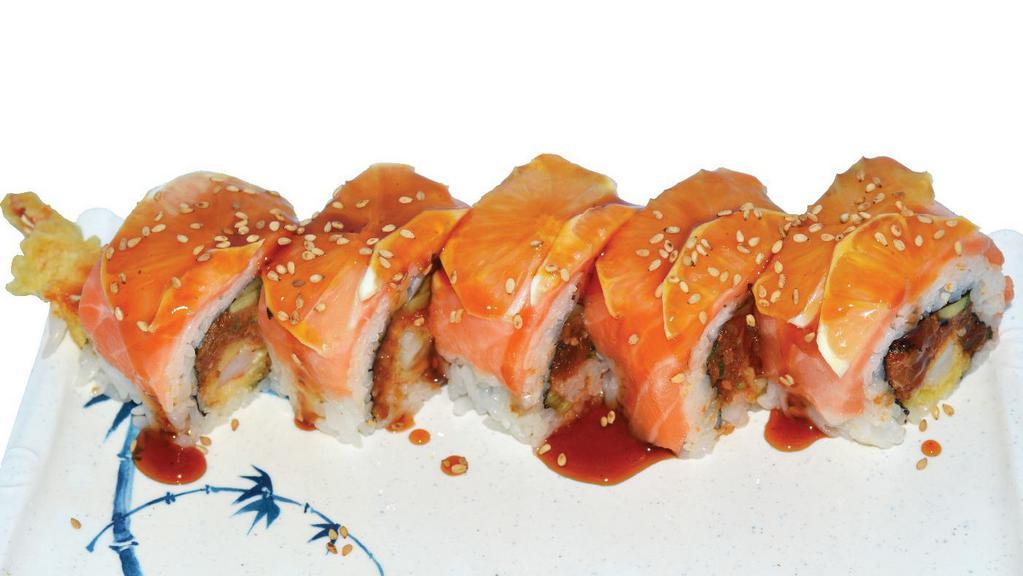 6. 49ers · Shrimp Tempura, Spicy Tuna, Cucumber topped with Salmon, Lemon & Sauce