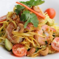 #13A Avocado Salad · Chunks of avocado tossed with shredded green mango, shallots, prawns and topped with toasted...