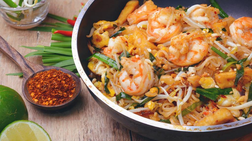 Pad Thai Shrimp · Rice noodle, shrimps, tofu, egg, bean sprouts and green onion stir fried in our homemade Pad Thai sauce. Topped with grounded peanut.