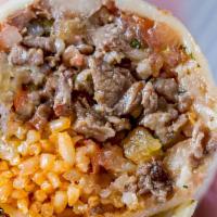 SUPER Burrito · Arroz, frijoles, queso, pico de gallo, guacamole y crema ácida. / Rice, beans, cheese, pico ...