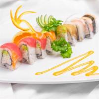 Rainbow Roll · In: Imitation crabmeat & avocado  Out: Assorted fish, avocado and tobiko