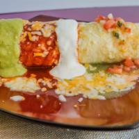 Wet Burrito · Rice, beans, onions, cilantro, topped with red or green sauce, cheese, sour cream, guacamole...