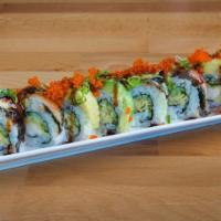 Green Dragon Roll · Tempura yam, cilantro, mango, red onions, asparagus, in soy paper. Topped with avocado.