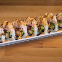 Apollo · Spicy tuna, tempura shrimp, avocado topped with snow crab mix and Maine lobster tail in spic...
