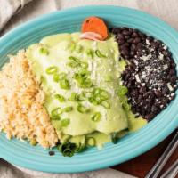 Spinach Enchiladas (Half) · New. Rolled corn tortilla filled with corn, mushrooms, zucchini, and onions. Topped with pes...