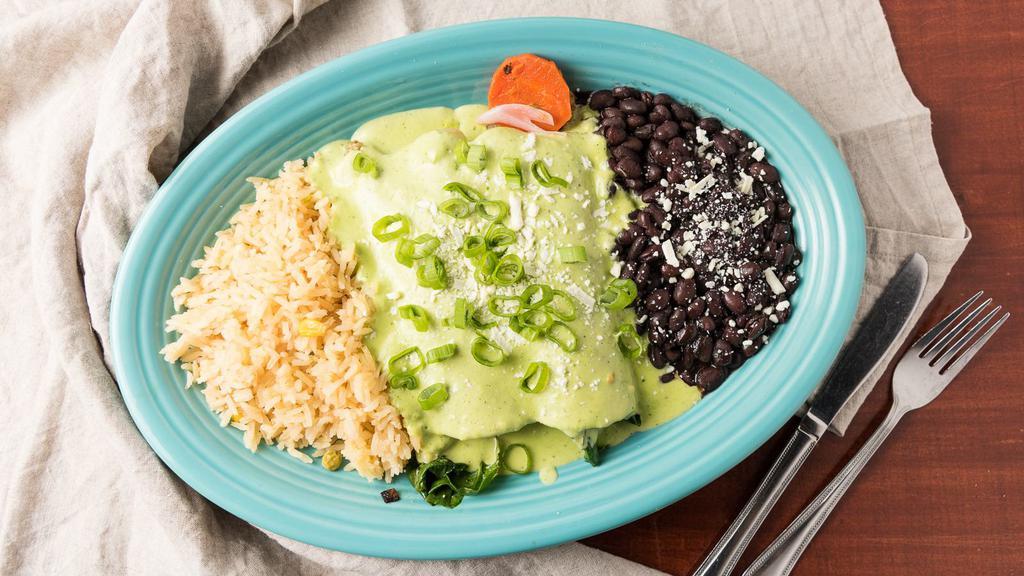 Enchiladas Verdes Dinner Entree · Served with rice and beans. Rolled corn tortilla filled with your choice of meat. Topped with our homemade red enchilada sauce and cheese.