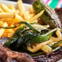 Carne Asada · Served with rice, beans, and 3 tortillas. Grilled thin sliced top sirloin steak topped with ...