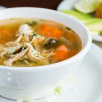 Caldo de Pollo (Chicken Soup) · Homemade chicken soup with all white chicken meat and vegetables. Topped with avocado chunks...